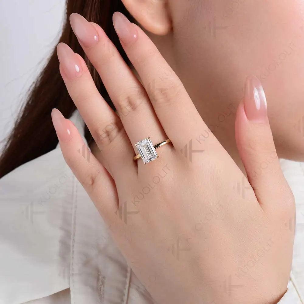 Kuololit 3.5CT Moissanite Emerald Cut Ring for Women Solid 18K 14K 10K Yellow Gold Engagement Ring for Christmas Gifts Party