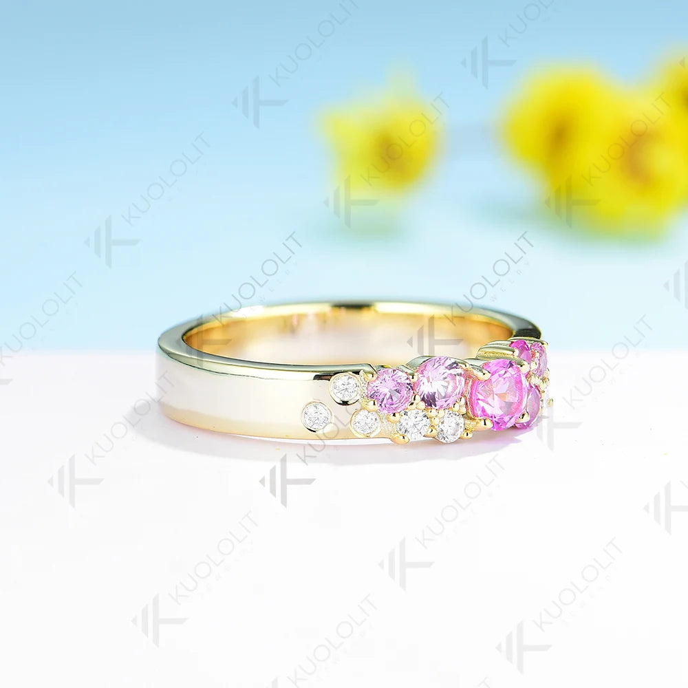 Kuololit 0.7CTW Lab Grown Pink Sapphire Bnad for Men Women DLab Gronw Diamond D VS1 Ring Round Cut for Wedding Christmas Gift