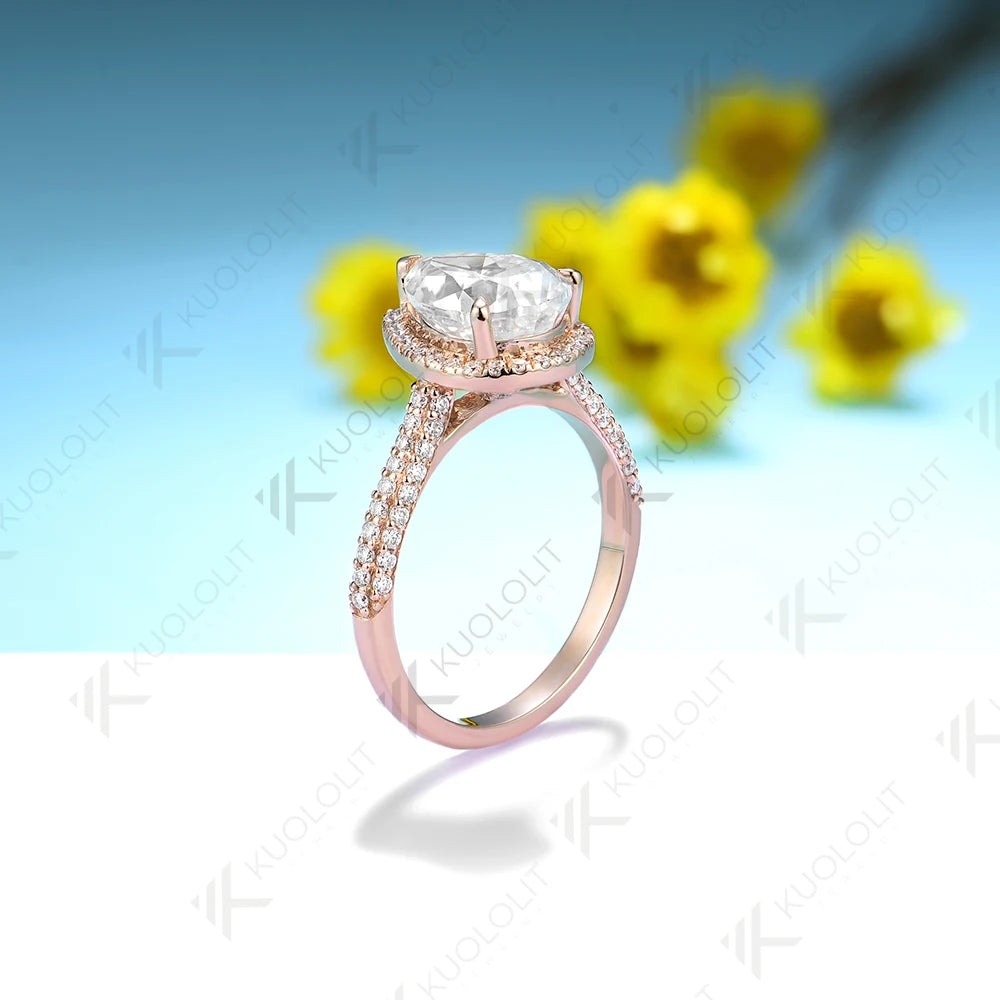 Kuololit 2CT Crushied Ice Cut Pear Moissanite Ring for Women Solid 14K 10K 585 Yellow Gold Halo for Engagement Wedding Christmas
