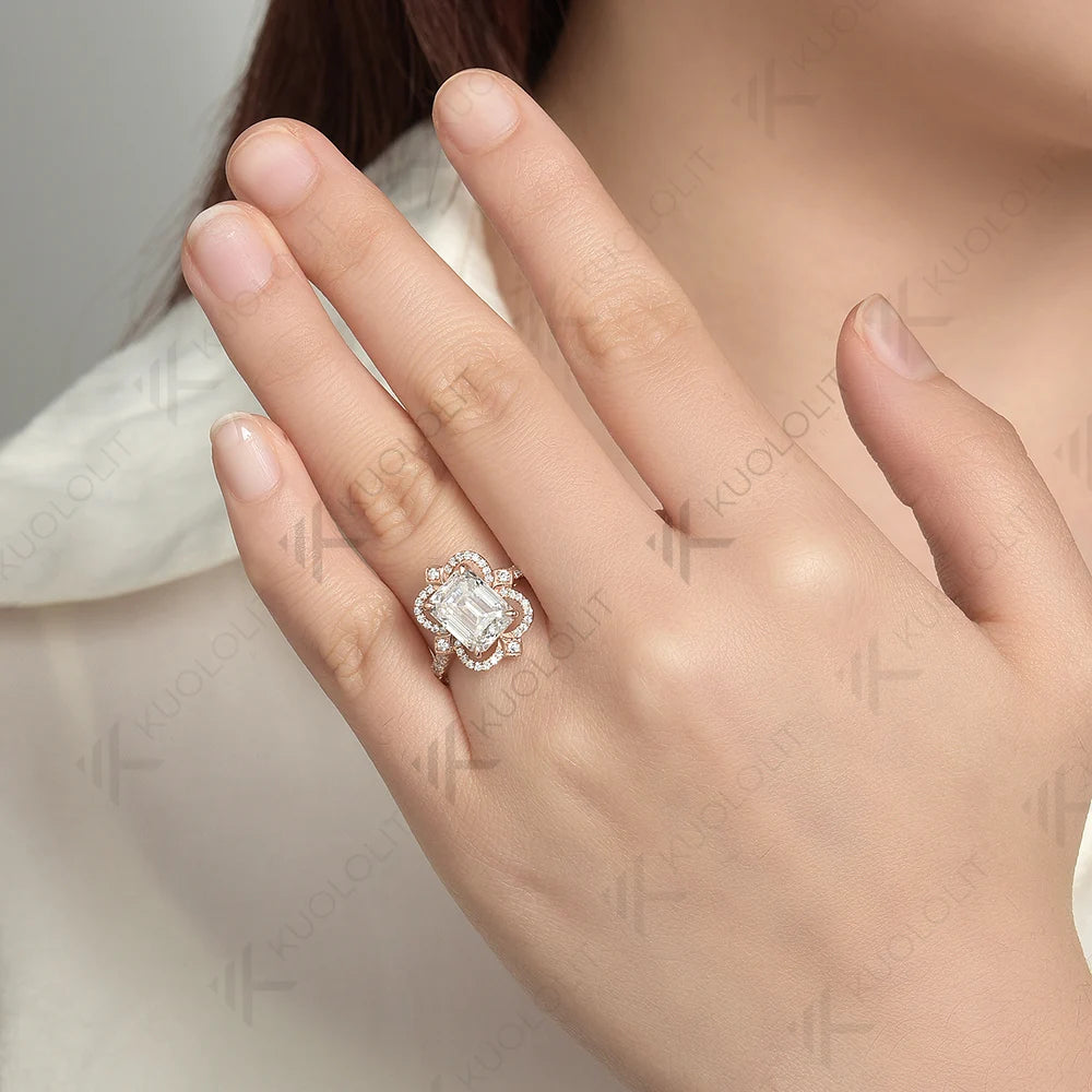 Kuololit 3CT Moissanite Engagement Ring for Women Solid 18K 14K 10K 585 Yellow Gold Emerald Ring for Anniversary Christmas Gifts