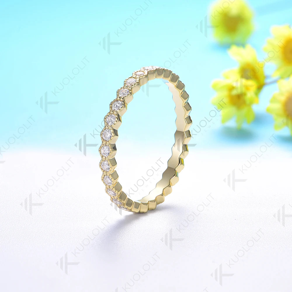 Kuololit 0.35CTW Moissanite Hexagon Band for Women Solid 18K 14K 10K Gold Ring for Anniversary Engagement Gifts Party Christmas