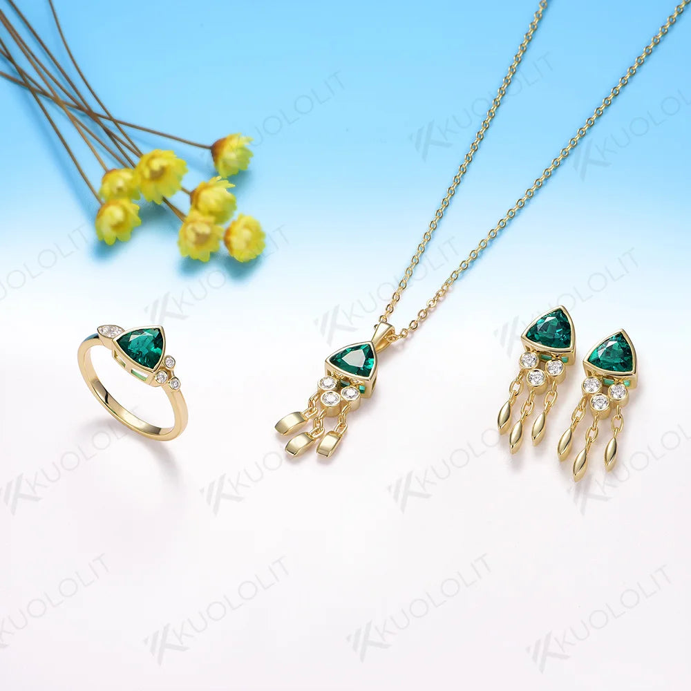 Kuololit 1.2CT Lab Grown Emerald Jellyfish Necklace for Women Solid 18K 14K 10K 585 Yellow Gold Moissanite Pendant for Christmas