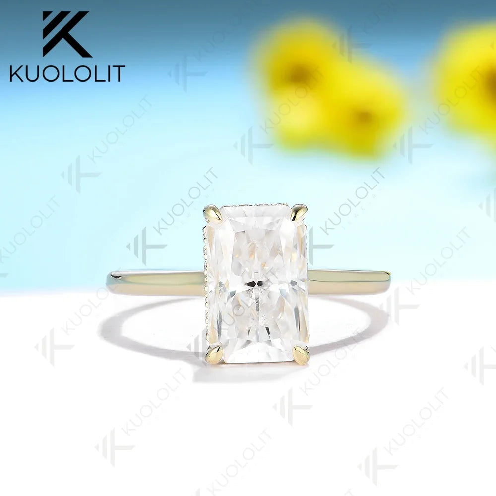 Kuololit 4ct Radiant Cut Moissanite for Women Solid 14K10K Yellow Gold Emerald Cut D/VVS1 Solitaire Ring for Engagement Wedding