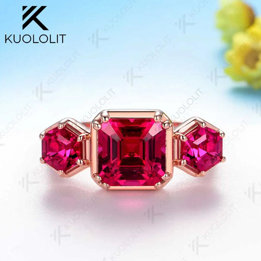 Kuololit 3.8CTW Lab Grown Ruby Rings for Women Solid 10K 585 Yelllow Gold Asscher Ring for Engagement Anniversary Christmas Gift