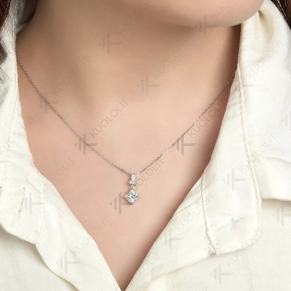 Kuololit 1CT Moissanite Necklace for Women Solid 10K 14K 18K 925 Sliver Princess Pendant with Chain for Engagement Christmas