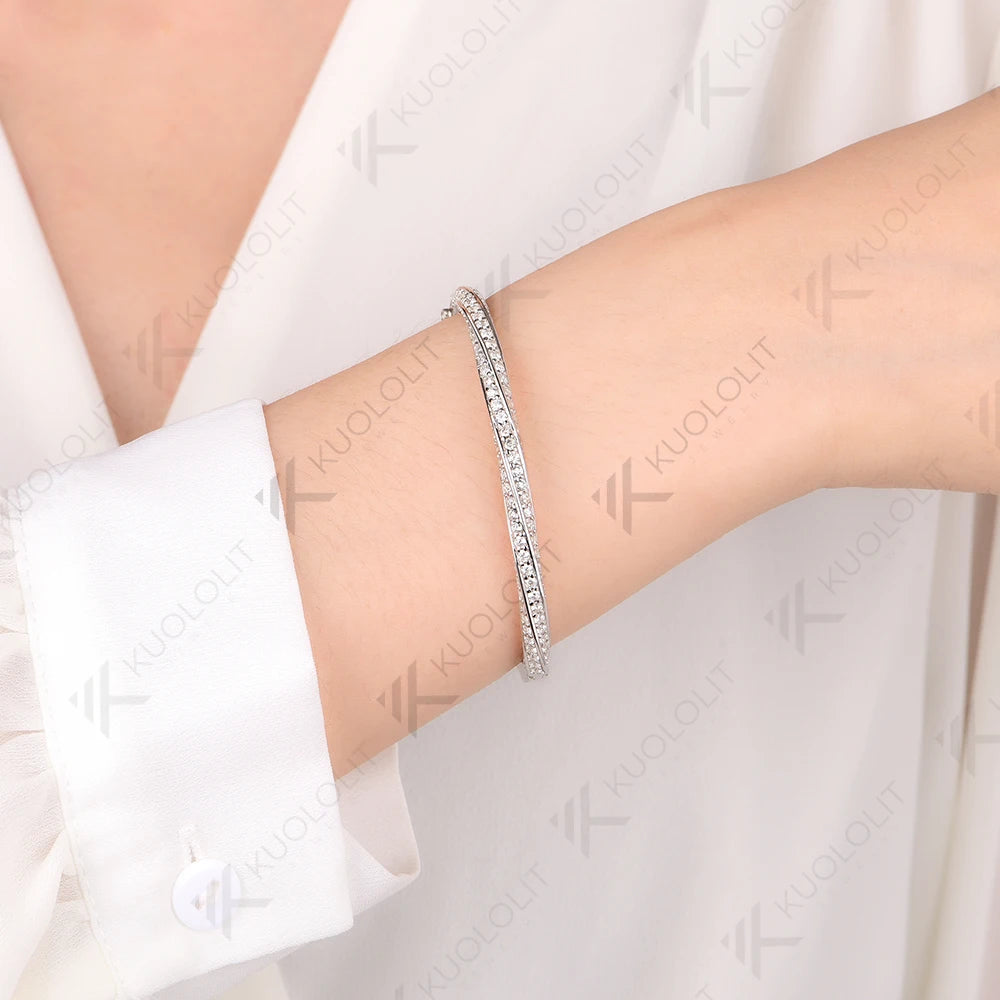 Kuololit Moissanite Bangle for Women Solid 10K Yellow Gold Oval Shaped Round Bracelet for Engagement Trendy Christams Gift