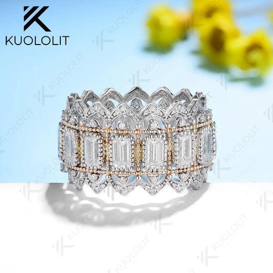 Kuololit Moissanite Band Rings for Women Men Solid 18K 14K 10K 925 Silver Two Tone Color Yellow Gold  for Anniversary Engagement