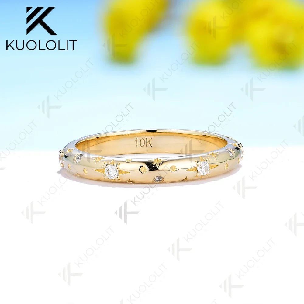 Kuololit Starburst Moissanite Band Rings for Women Men Solid 18K 14K 10K Yellow Gold for Anniversary Engagement Gifts