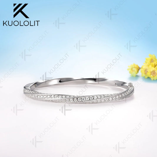 Kuololit Moissanite Bangle for Women Solid 10K Yellow Gold Oval Shaped Round Bracelet for Engagement Trendy Christams Gift