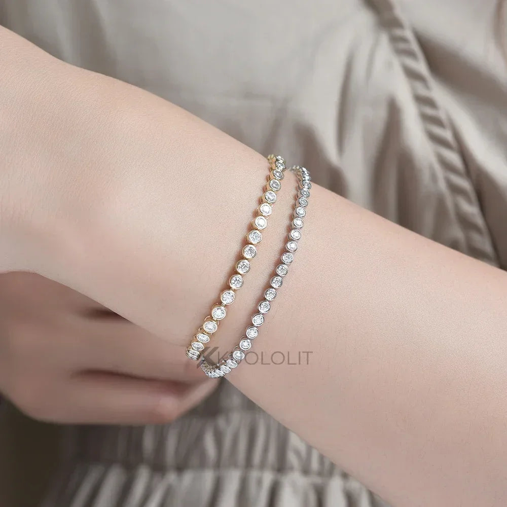 Kuololit Bezel Set Moissanite Tennis Bracelet for Women Solid 14K 10K 925silver Round D VVS1 Bracelet for Engagement Christmas