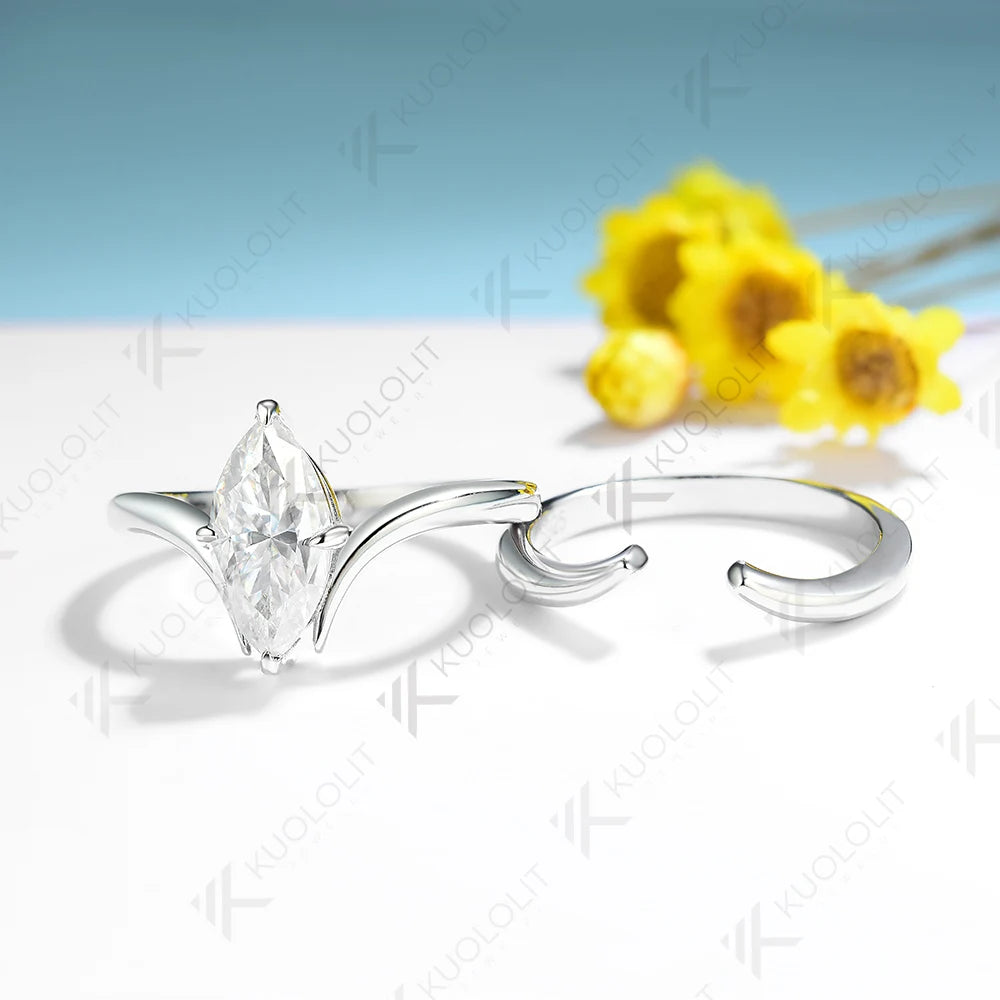 Kuololit 1.5CT Moissanite Ring for Women Solid 18K 14K 10K 585 White Gold Marquise Cut for Engagement Christmas Anniversary Gift