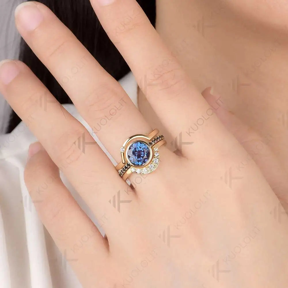 Kuololit 2CT Lab Grown Alexandrite with Moissanite Set Ring for Women Solid 14K 10K 585 Yellow Gold for Christmas Gifts Party