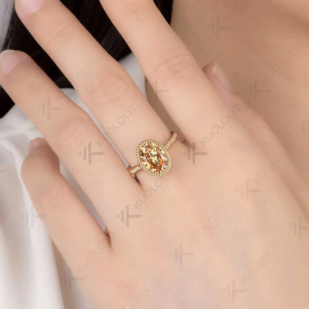 Kuololit 3.5CT Champagne Moissanite Ring for Women Soild 10K 14K Yellow Gold Bezel Set Oval Ring for Engagement Christmas Gifts