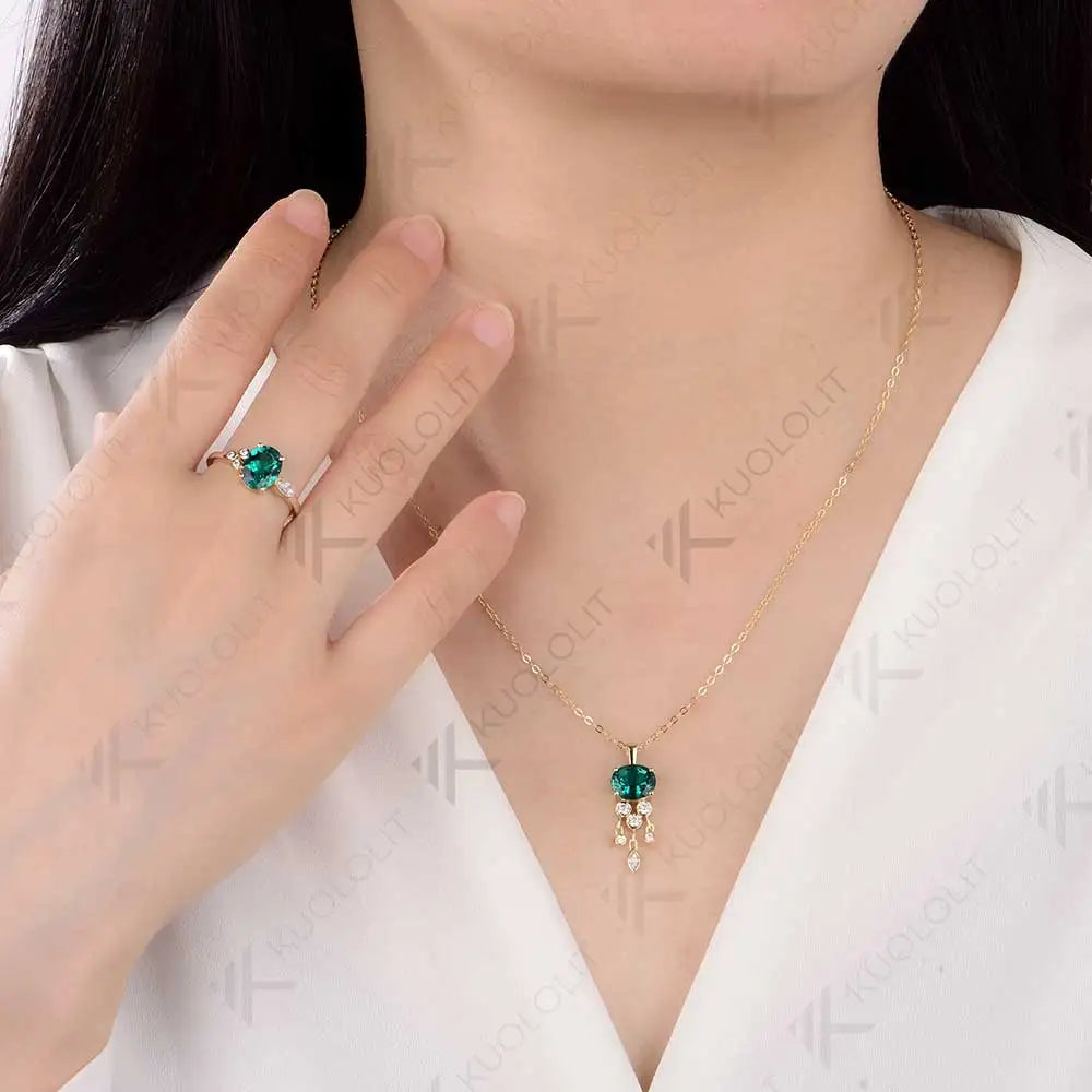 Kuololit 3CT Lab Grown Emerald with Moissanite Necklace for Women Solid 18K 14K 10K 585 Yellow Gold Oval Pendant for Christmas