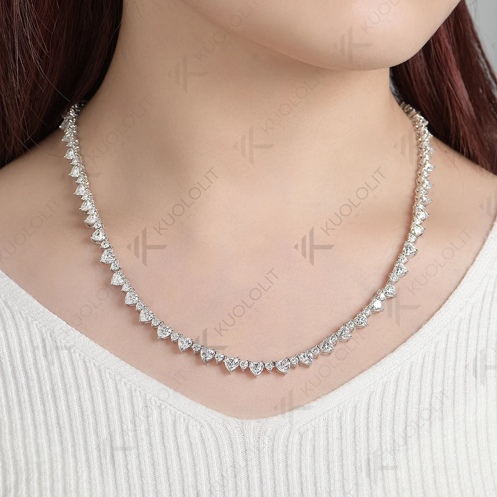 Kuololit 33CTW Moissanite Tennis Necklace for Women Pure 18K 14K 10K Gold Heart Necklace for Anniversary Engagement Christmas
