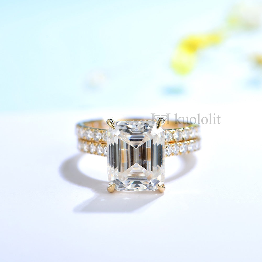 Kuololit 5CT Moissanite AU750 18K 14K White Gold Set Ring for Women Emerald Cut D VVS Solitaire Ring for Engagement Party Gifts