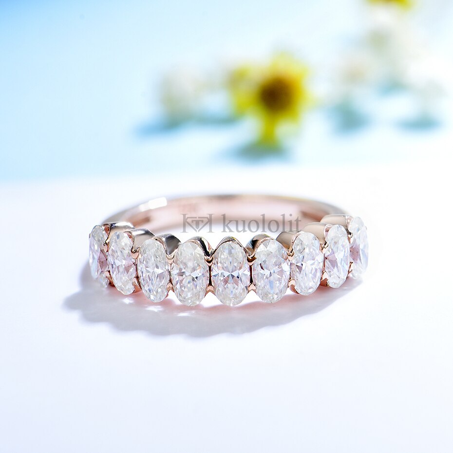 Kuololit 2.7CT Moissanite Solid Rose Gold Ring for Women Real 18K 14K 10K Gold Oval Ring Matching Eternity Band for Engagement