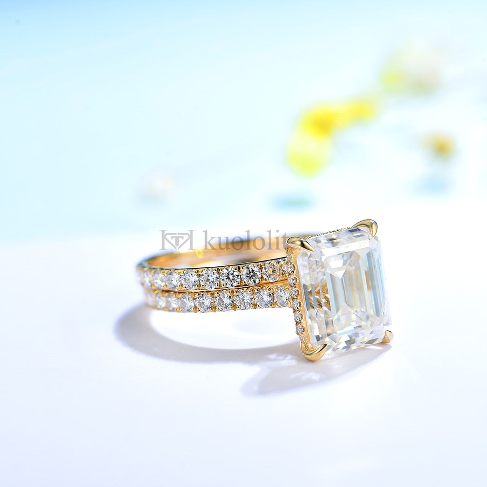 Kuololit 5CT Moissanite AU750 18K 14K White Gold Set Ring for Women Emerald Cut D VVS Solitaire Ring for Engagement Party Gifts