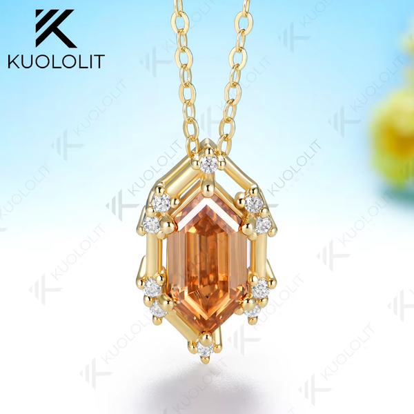Kuololit 2.5CT Elonged Hexagon White Champagne Moissantie Necklace for Women Solid 585 14K 10K Yellow Gold Custom Necklace for Christmas Gifts