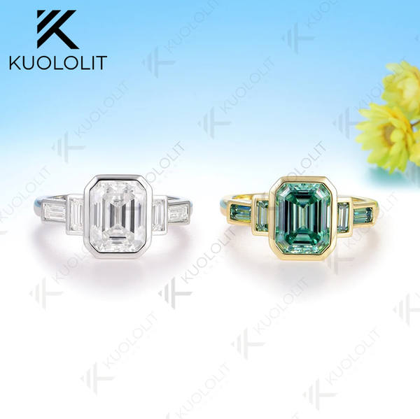 Kuololit 3CT Emerald Cut Cyan Moissanite Ring for Women Solid 14K 10K 585 Yelllow Gold Engagement Ring for Christmas Gifts Party