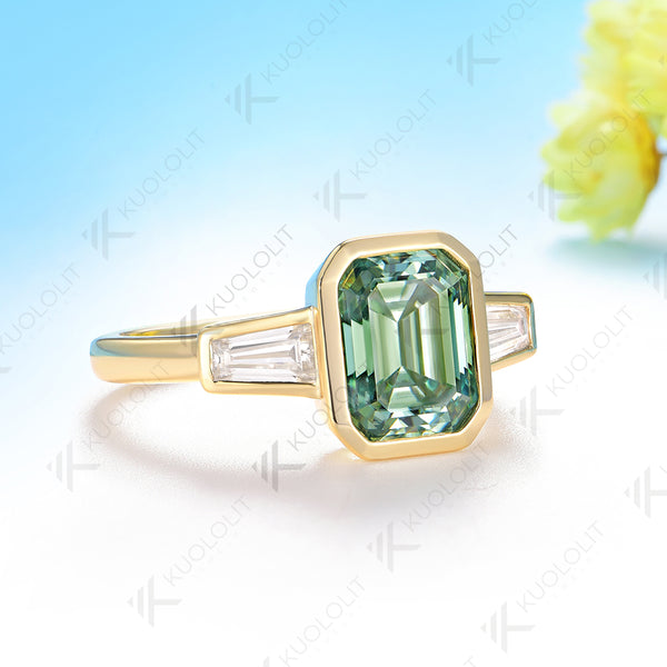 Kuololit 3CT Emerald Cut Cyan Moissanite Engagement Ring for Women Solid 14K 10K 585 Yeollw Gold Ring for Christmas Gifts Engagement