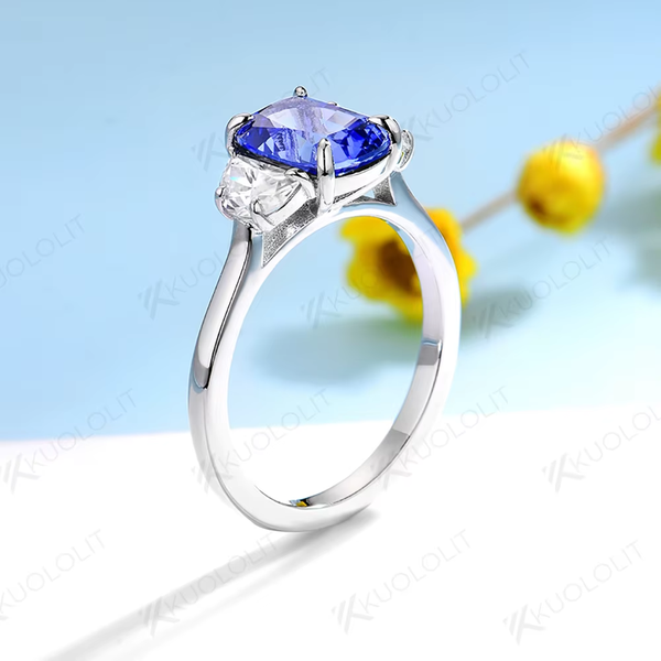 Kuololit 3CT Lab Blue Sapphire Engagement Ring for Women Solid 18K 14K 10K 585 Gold Half Moon Moissanite Ring for Christmas Gift