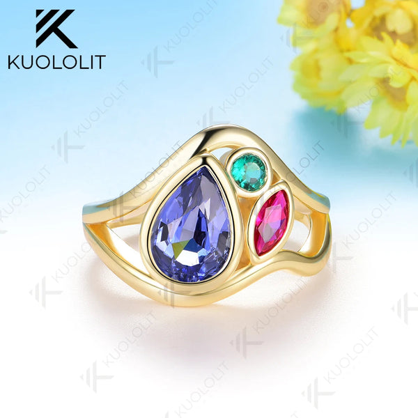 Kuololit 2.4CTW Lab Grown Blue Sapphire Ruby Emerald Moissanite Ring for Women Solid 14K 10K 585 Yellow Gold for Christmas Gifts