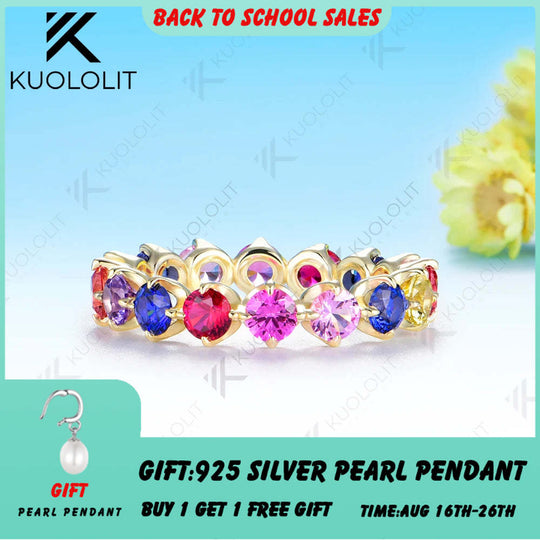 Kuololit Lab Grown Rainbow Sapphire Custom Ring Band for Women Solid 14K 10K 585 Yellow Gold Eternity Full Band for Christmas Gifts