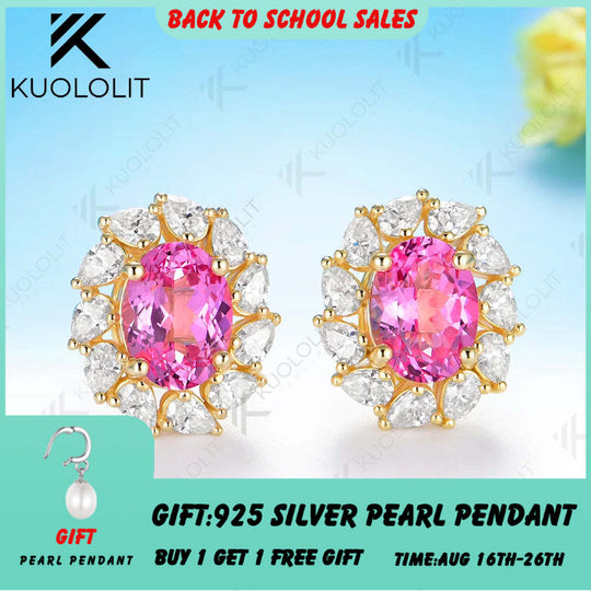 Kuololit 3.6CTW Lab Pink Sapphire Custom Stud Earrings for Women Solid 14K 10K 585 Yellow Gold Pear Cut for Christmas Gift Party