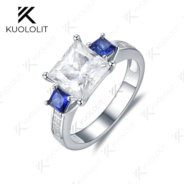 Bague de fiançailles Kuololit 3CT en moissanite taille princesse pour femme, or blanc massif 18K, 14K ou 10K, saphir bleu de laboratoire, cadeau de Noël 