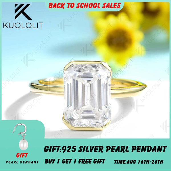 Kuololit 4.5CT Emerald Cut Moissanite Europe Shank Engagement Ring for Women Solid 14K 10K Yellow Gold for Christmas Gift Party