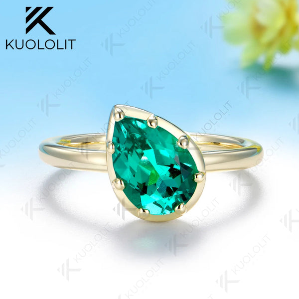 Kuololit 2CT Lab Grown Emerald Custom Ring for Women Men Solid 14K 10K Yellow Gold Pear for Anniversary Christmas Wedding Gifts