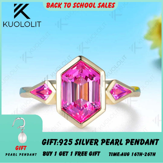 Kuololit 3.5CT Lab Grown Pink Sapphire Hexagon Cut Custom Ring for Women Solid 14K 10K 585 Yellow Gold for Christmas Gifts
