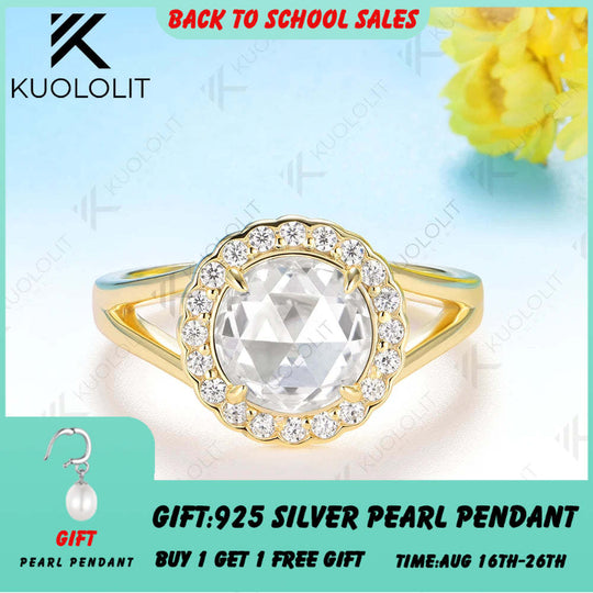 Kuololit 2CT Rose Cut Round Moissanite Ring for Women Solid 14K 10K 585 Yellow Gold Engagement Ring for Anniversary Christmas
