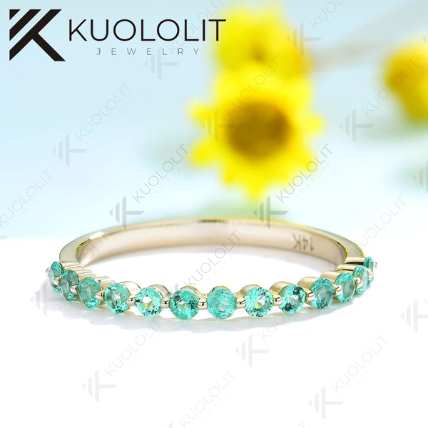 Kuololit 0.33CTW Lab Grown Emerald Bubble Ring for Women Solid 14K 10K 585 Yellow Gold  Eternity Half Band for Christmas Gifts