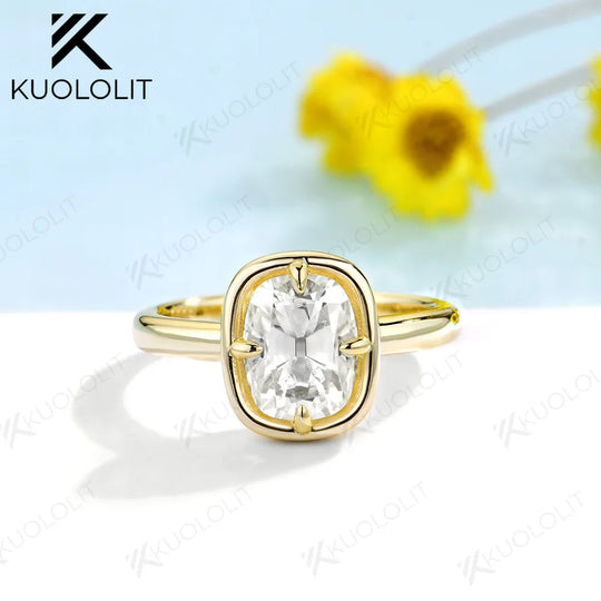 Kuololit 3CT OMC Enlonged Cushion Moissanite Ring for Women Soild 10K 14K Yellow Gold Diamond Ring for Engagement Christmas Gift