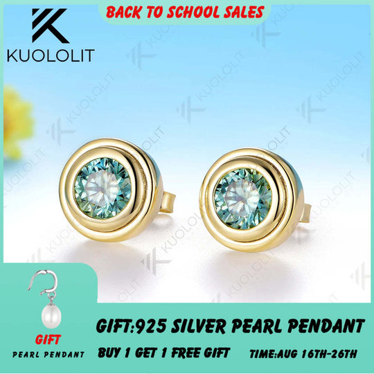 Kuololit 2CTW Cyan Moissanite Stud Earrings for Women Solid 14K 10K 585 Yellow Gold Stud Earrings for Custom Christmas Gifts