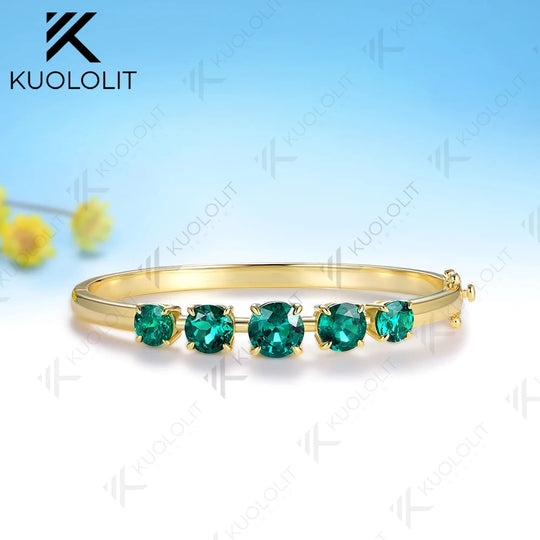 Kuololit 6CTW Round Lab Grown Emerald Custom Bangle for Women Solid 10K Yellow Gold Round Bracelet for Engagement Christmas Gift