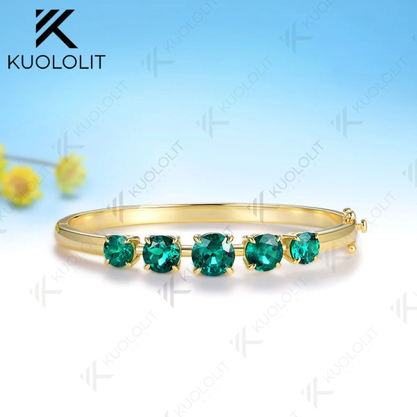 Kuololit 6CTW Round Lab Grown Emerald Custom Bangle for Women Solid 10K Yellow Gold Round Bracelet for Engagement Christmas Gift