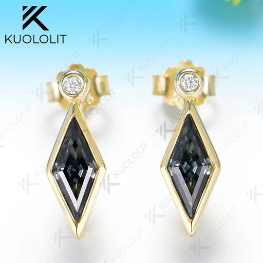 Kuololit 2CTW Gray Moissanite Custom Clip Earrings for Women Solid 14K 10K 585 Yellow Gold Rhombus Cut for Christmas Gifts Party