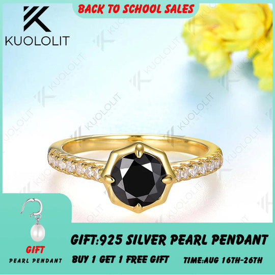 Kuololit Verlobungsring mit 1 Karat schwarzem Moissanit für Damen, massives 18-karätiges Gelbgold (585), runder Moissanit-Schliff, Ring für Weihnachten 