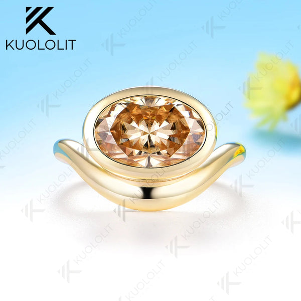 Kuololit 4.5CT Oval Champagne Moissanite Custom Ring for Women Solid 14K 10K 585 Yellow Gold Engagement Ring for Christmas Gifts