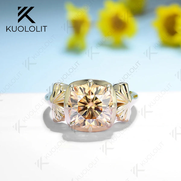 Kuololit 3.5ct Champagne Moissanite Ring for Women 585 14K 10K Yellow Gold Cushion Solitaire Halo Ring for Engagement Christmas