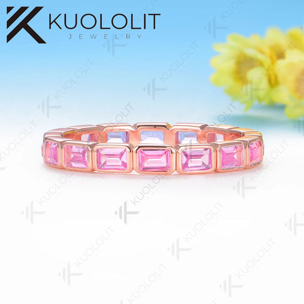Kuololit 2.4CTW Lab Grown Pink Sapphire Ring for Women Solid 14K 10K 585 Rose Gold Bezel Wedding Band Ring for Christmas Gifts