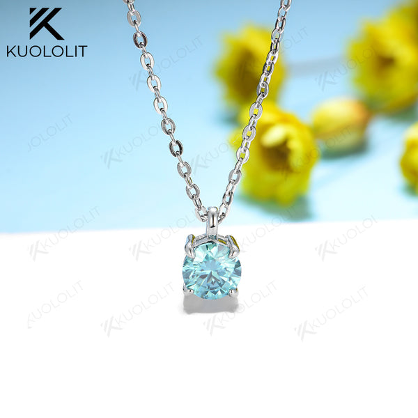 Kuololit 5.0mm Cyan Moissanite  Necklace for Women Sterling 925 Silver Pendant for Christmas Gifts Party