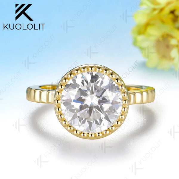Kuololit 4CT Moissanite Round Cut Custom Ring for Women  Solid 14K 10K Yellow Gold Bezel Set Ring for Anniversary Christmas Gift