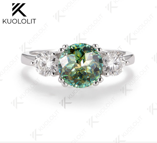 Kuololit 2CT Jubilee Cut Cyan Moissanite and 0.8ct White Moissanite Rings for Women Round Cut Solitaire Ring for Christmas