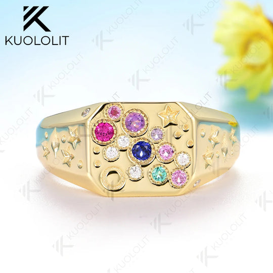 Kuololit 0.21CTW Lab Grown Pink Sapphire Emerald Gemstone Ring for Women Solid 14K 10K 585 Yellow Gold for Christmas Gifts Party