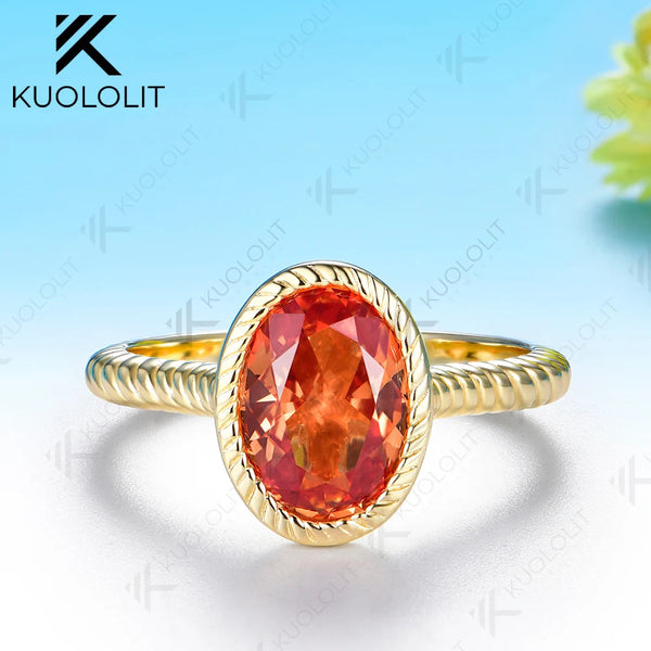 Kuololit 2CT Lab Grown Fanta Orange Sapphire Moissanite Ring for Women Solid 14K 10K Yellow Gold for Anniversary Christmas Gifts