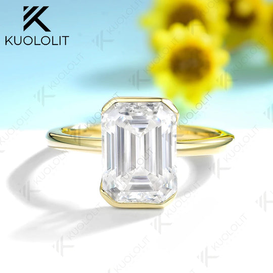 Kuololit 4.5CT Emerald Cut Moissanite Europe Shank Engagement Ring for Women Solid 14K 10K Yellow Gold for Christmas Gift Party